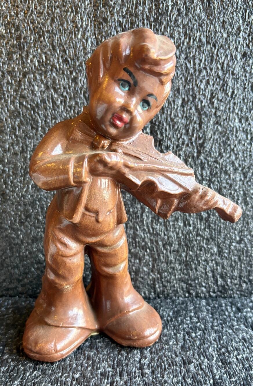 Vintage Young Boy Fiddle Player with Chocolate Brown Glaze F129